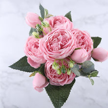 Cargar imagen en el visor de la galería, 30cm Rose Pink Silk Peony Artificial Flowers Bouquet 5 Big Head and 4 Bud Cheap Fake Flowers for Home Wedding Decoration indoor