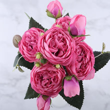 Cargar imagen en el visor de la galería, 30cm Rose Pink Silk Peony Artificial Flowers Bouquet 5 Big Head and 4 Bud Cheap Fake Flowers for Home Wedding Decoration indoor
