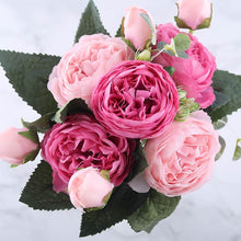 Cargar imagen en el visor de la galería, 30cm Rose Pink Silk Peony Artificial Flowers Bouquet 5 Big Head and 4 Bud Cheap Fake Flowers for Home Wedding Decoration indoor
