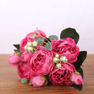 30cm Rose Pink Silk Bouquet Peony Artificial Flowers 5 Big Heads 4 Small Bud Bride Wedding Home Decoration Fake Flowers Faux