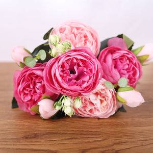 30cm Rose Pink Silk Bouquet Peony Artificial Flowers 5 Big Heads 4 Small Bud Bride Wedding Home Decoration Fake Flowers Faux