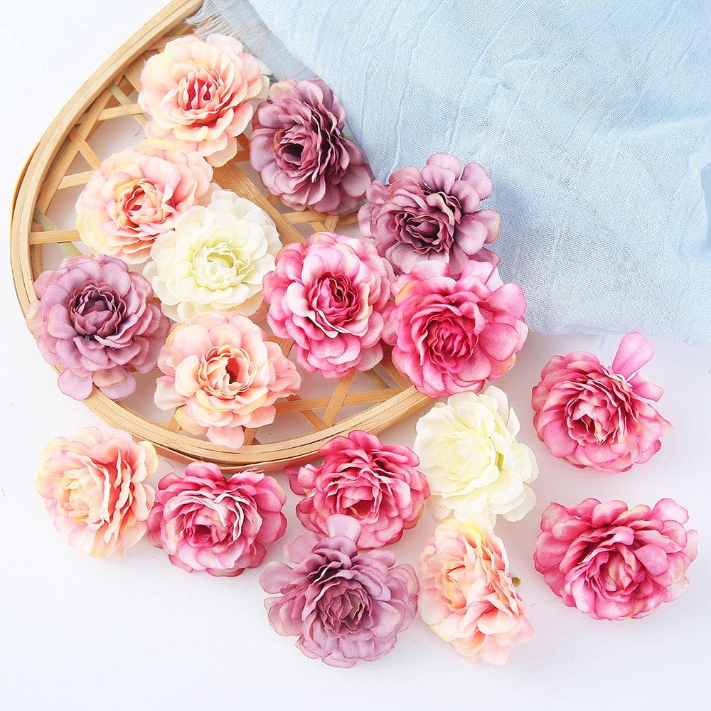 10pcs/lot Artificial Flowers Silk Rose Head Wedding Decorations For Home Bride Bouquet DIY Headdress Garland Fake Flower Newyear